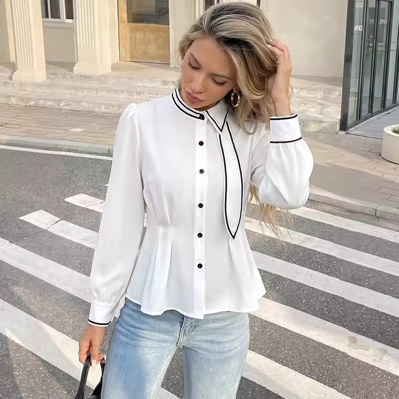 Damen Bluse Weiß mit Krawatte und schwarzen Kontrastpaspeln, Langarm