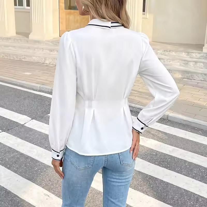 Damen Bluse Weiß mit Krawatte und schwarzen Kontrastpaspeln, Langarm