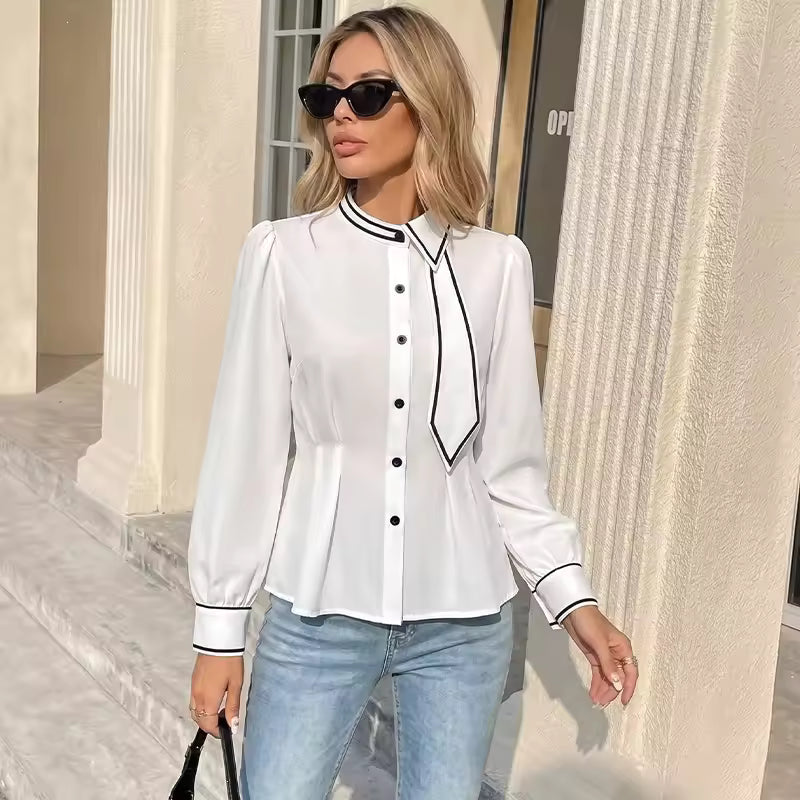 Damen Bluse Weiß mit Krawatte und schwarzen Kontrastpaspeln, Langarm